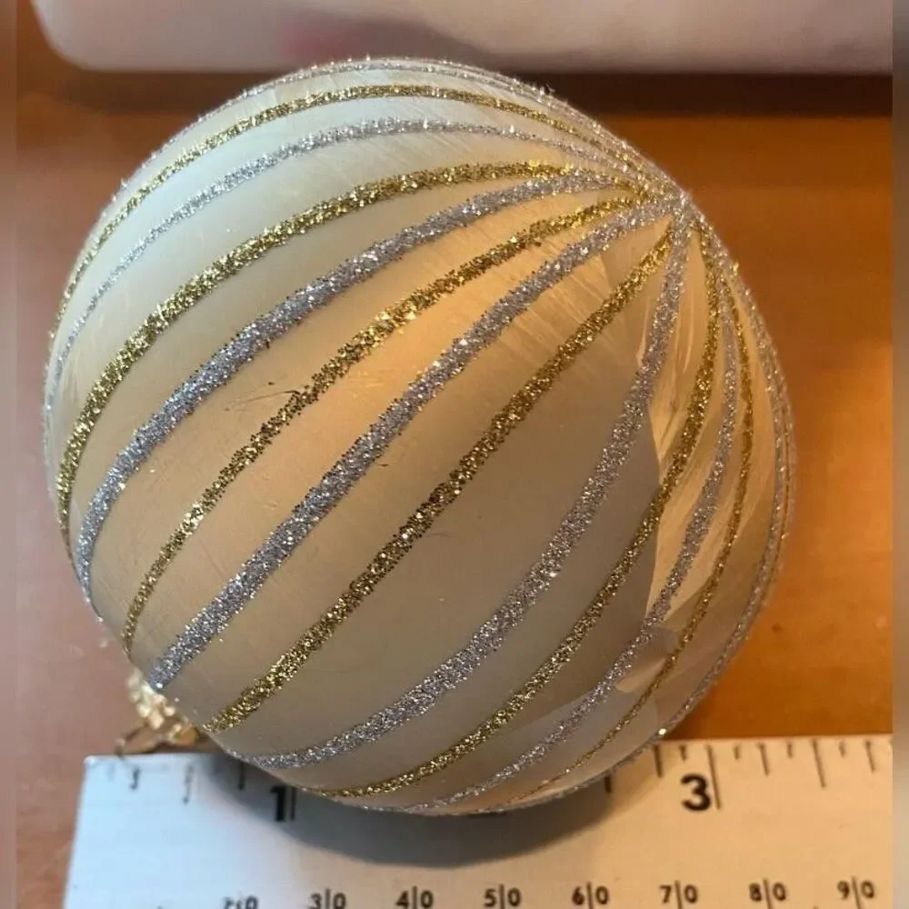 Vintage White Glass Christmas Bauble Medium Glitter Stripe Ornament Decor 3.5